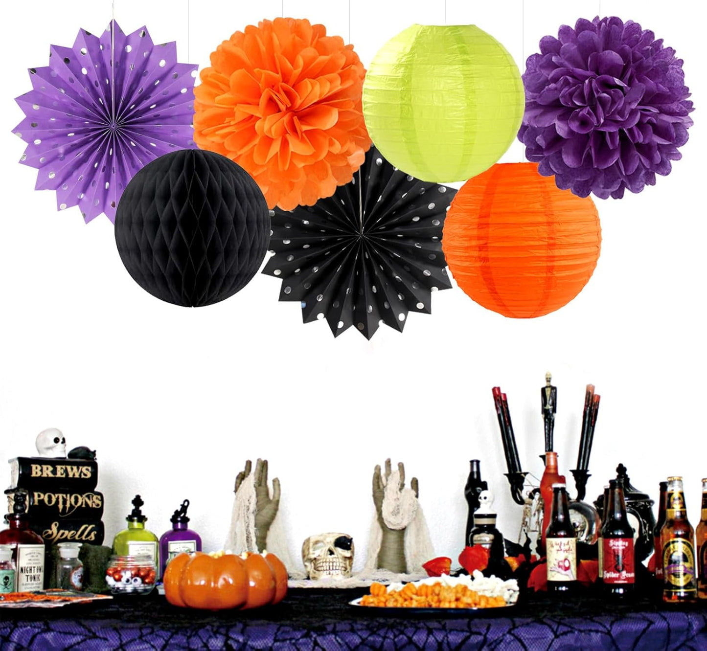 Black-Orange Purple Green Halloween Party-Decorations - 14pc Kit Paper Lanterns Fan,Tissue Flower