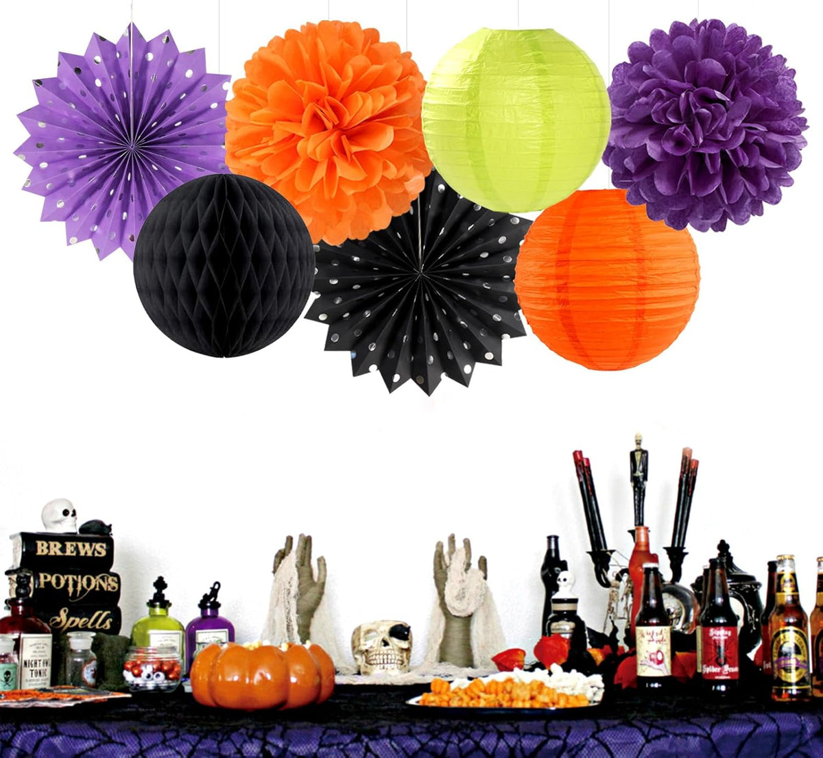 Black-Orange Purple Green Halloween Party-Decorations - 14pc Kit Paper Lanterns Fan,Tissue Flower