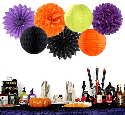 Black-Orange Purple Green Halloween Party-Decorations - 14pc Kit Paper Lanterns Fan,Tissue Flower