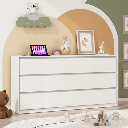 White Malm Dresser for Bedroom, 63 Inch Long 9 Drawers Dresser with Charging Station, Modern Large
