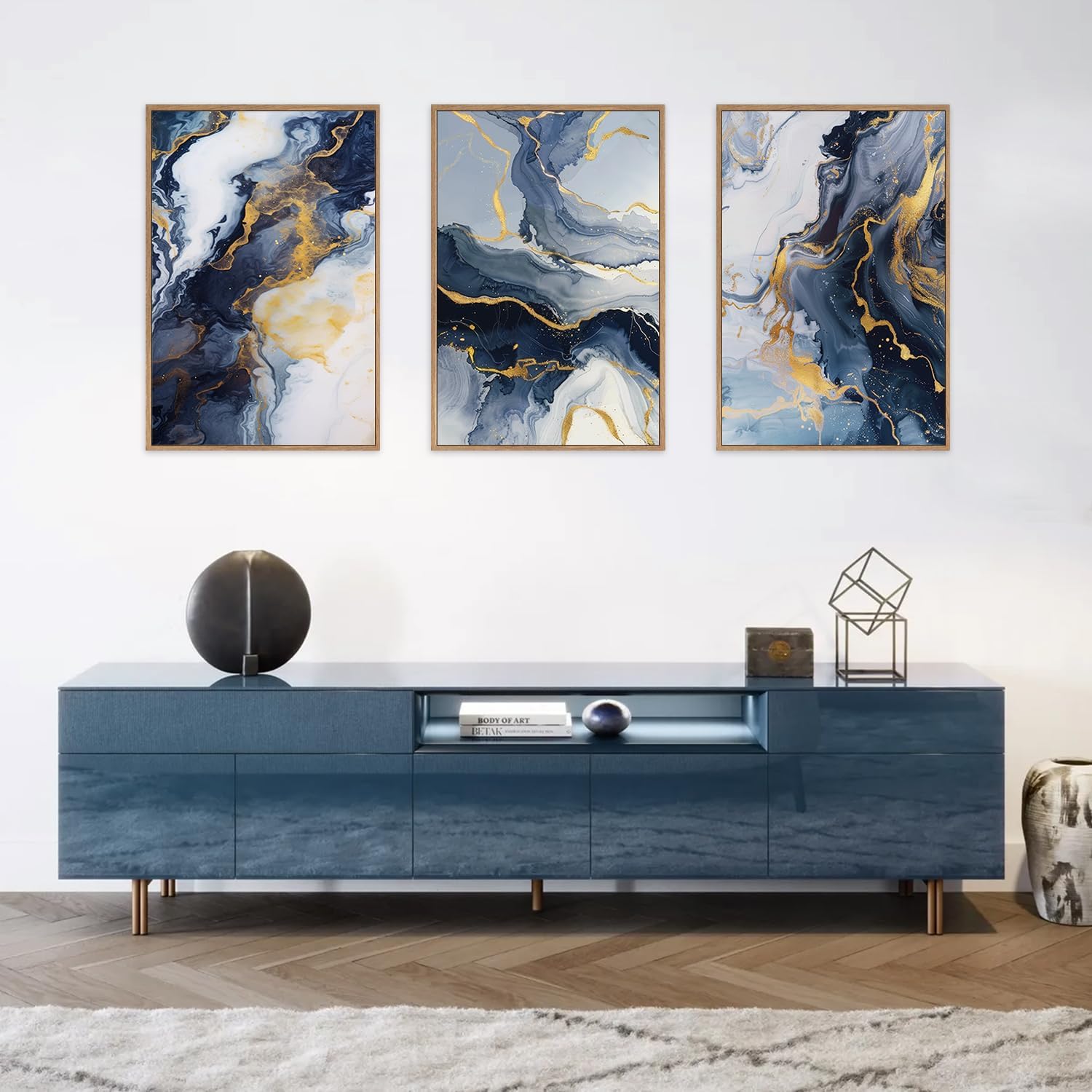 Blue and Gold Framed Canvas Wall Art Set, Mid-Century Modern Abstract Wall Decor, Navy Blue Ink