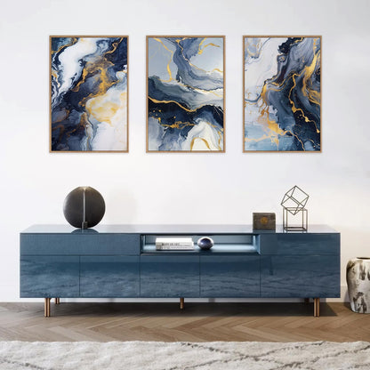 Celestdeco Blue Abstract Framed Canvas Wall Art Set, Blue Golden Aesthetic Wall Decor, Navy Blue