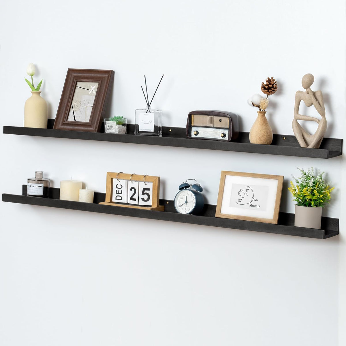 Picture Ledge Shelf for Wall, 48 inch Solid Pine Wood Nursery Book Shelves 2 Packs, Floating Ledge