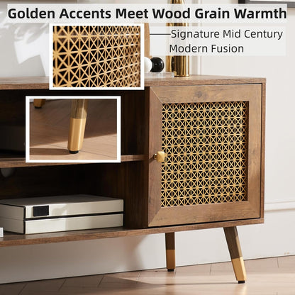 JYED Mid Century Modern TV Stand and Console for TVs Up to 75 inch - Rustic Oak Entertainment