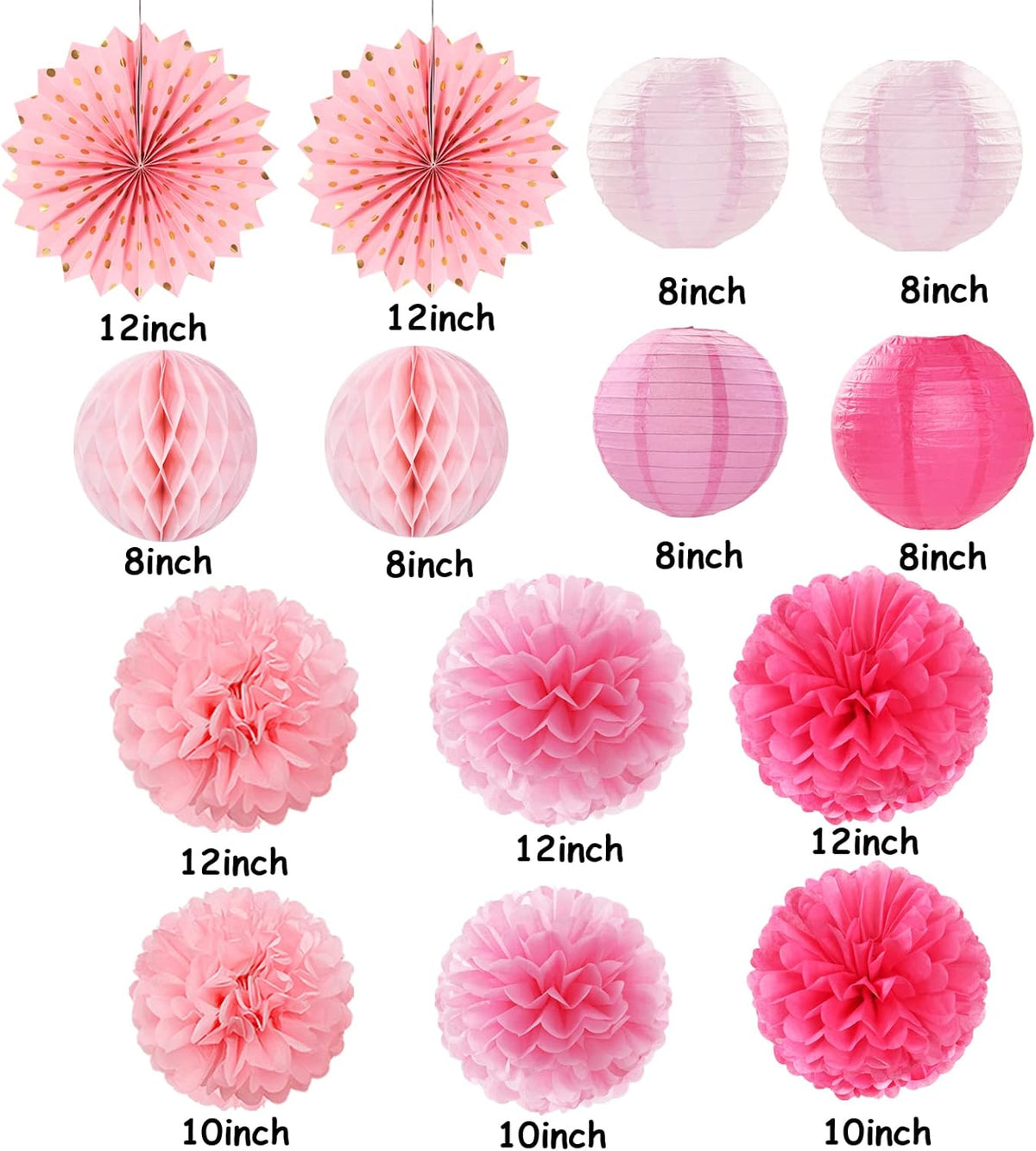 Rose Hot-Pink Party Decorations Streamers - 14pcs Girl Birthday Baby Shower Paper Lanterns