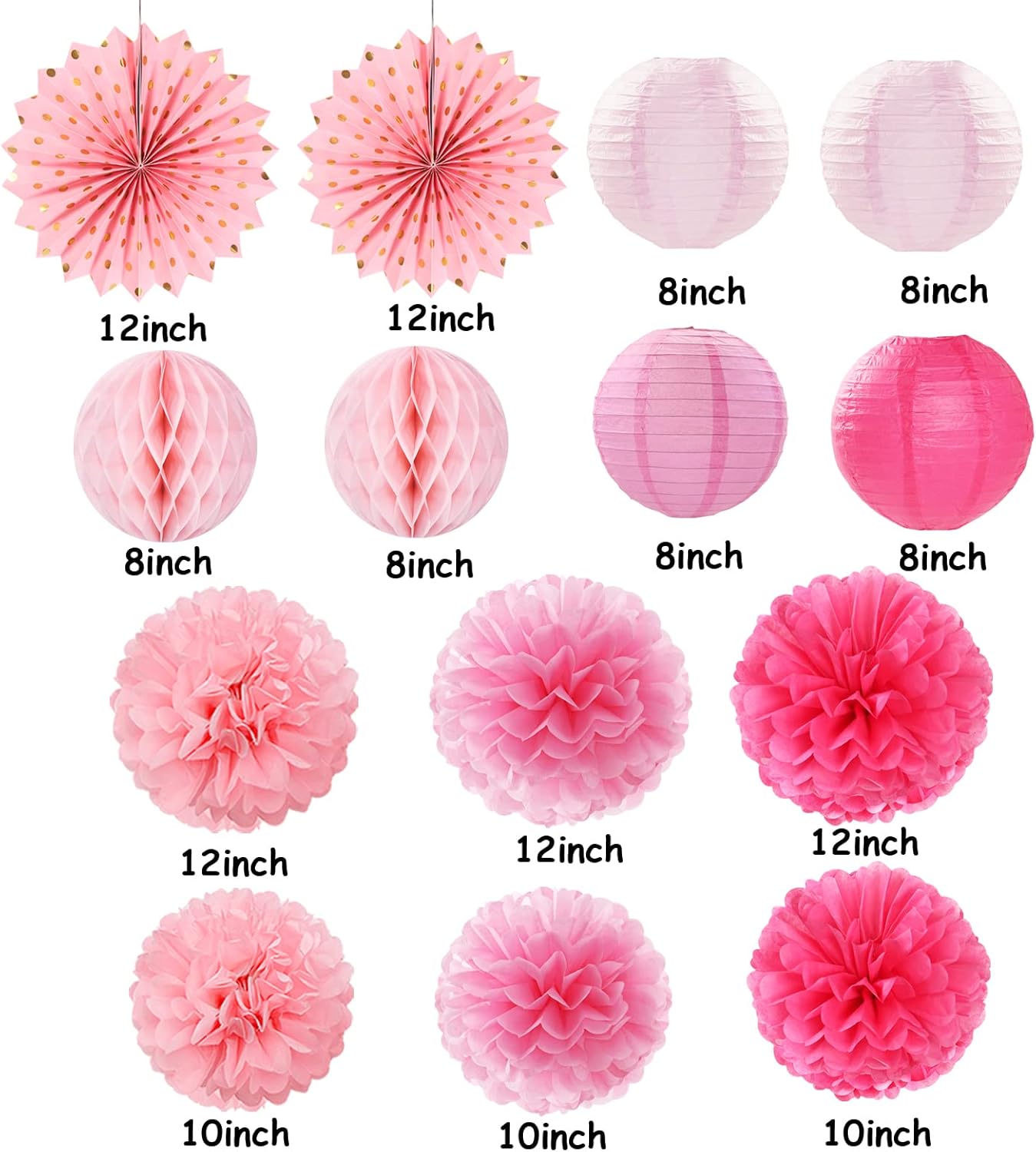 Rose Hot-Pink Party Decorations Streamers - 14pcs Girl Birthday Baby Shower Paper Lanterns