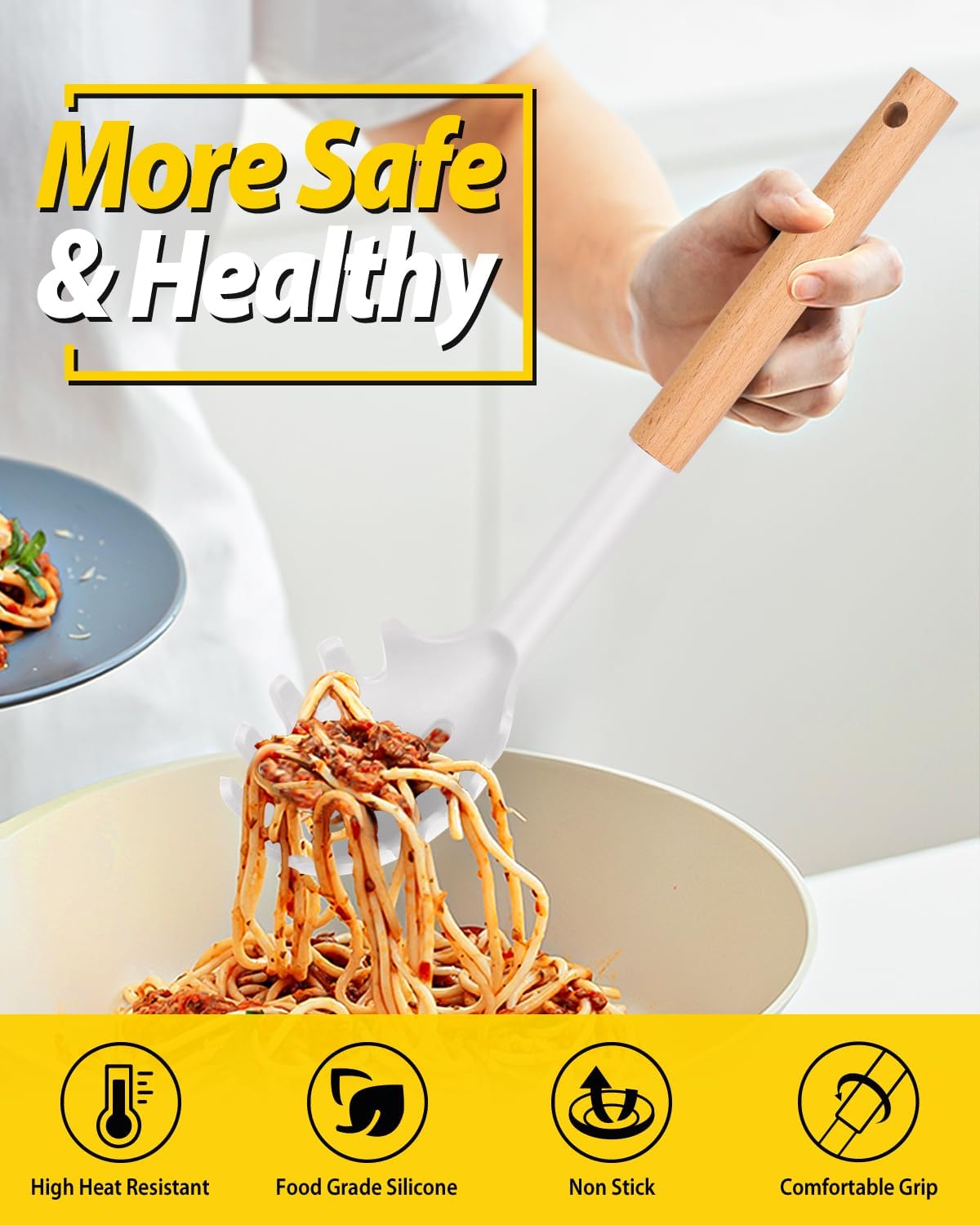 Silicone Pasta Fork and Ladle Spoon Set with Wooden Handle, Heat Resistant Non Stick Kitchen