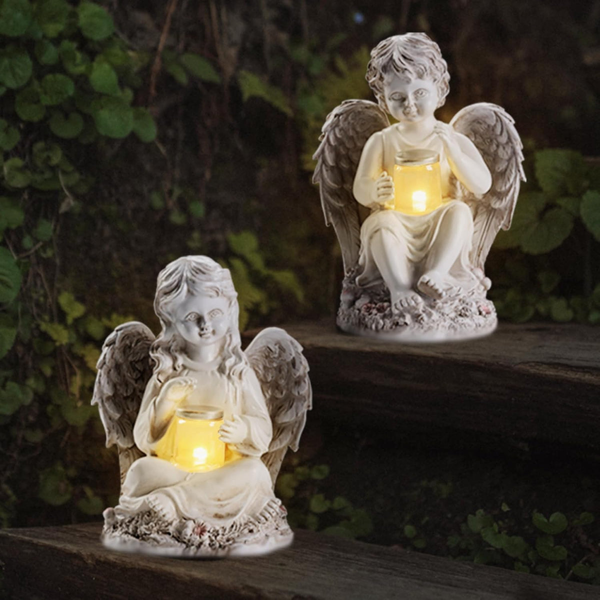 2 Pack Outdoor Angel Statue Garden Decor, Classic Solar Angel Figurine Decoration for Yard Art