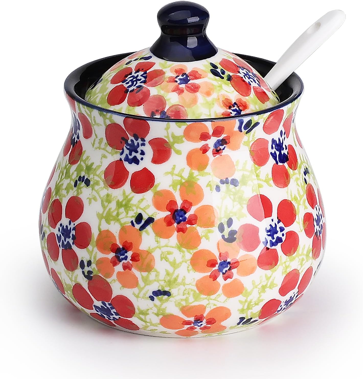 silesia Handmade Sugar Bowl with Lid and Spoon, 9 Ounce Ceramic Hand-Painted Sugar Jar for Home in