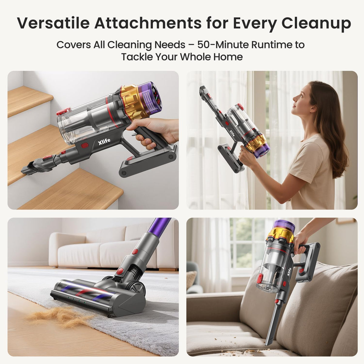 Xlife 550W Cordless Vacuum Cleaner 48KPa Powerful Suction, Long Runtime, Green Light Dust