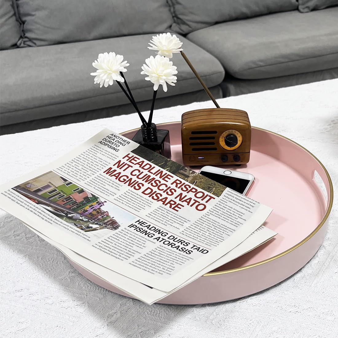13" Pink Serving Tray with Handles,Round Decorative Tray for Coffee Table, Plastic Modern Coffee