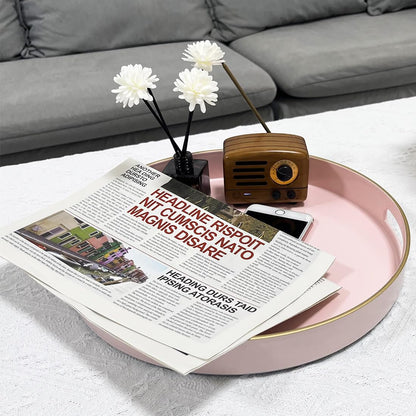 13" Pink Serving Tray with Handles,Round Decorative Tray for Coffee Table, Plastic Modern Coffee