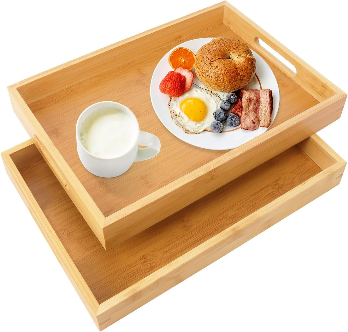 2 Pack Large Bamboo Serving Tray with Handles, 14 x 10 inch Wooden Dinner Tray, Home Kitchen