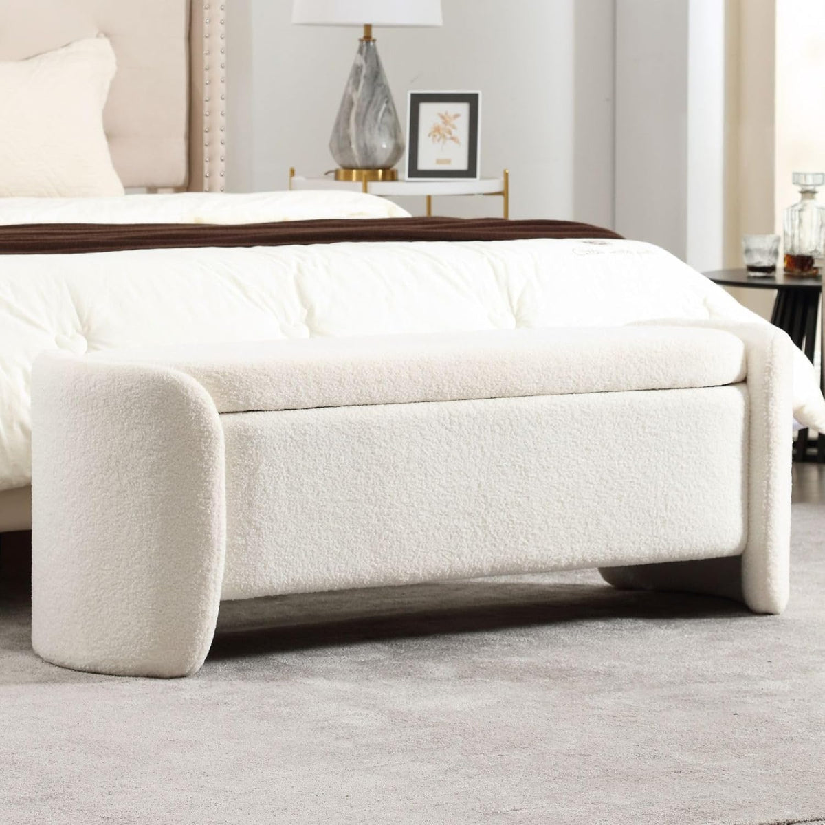 ROCTY White Boucle Storage Bench - 50" Sherpa Ottoman Bench for Bedroom, Entryway, Living Room &