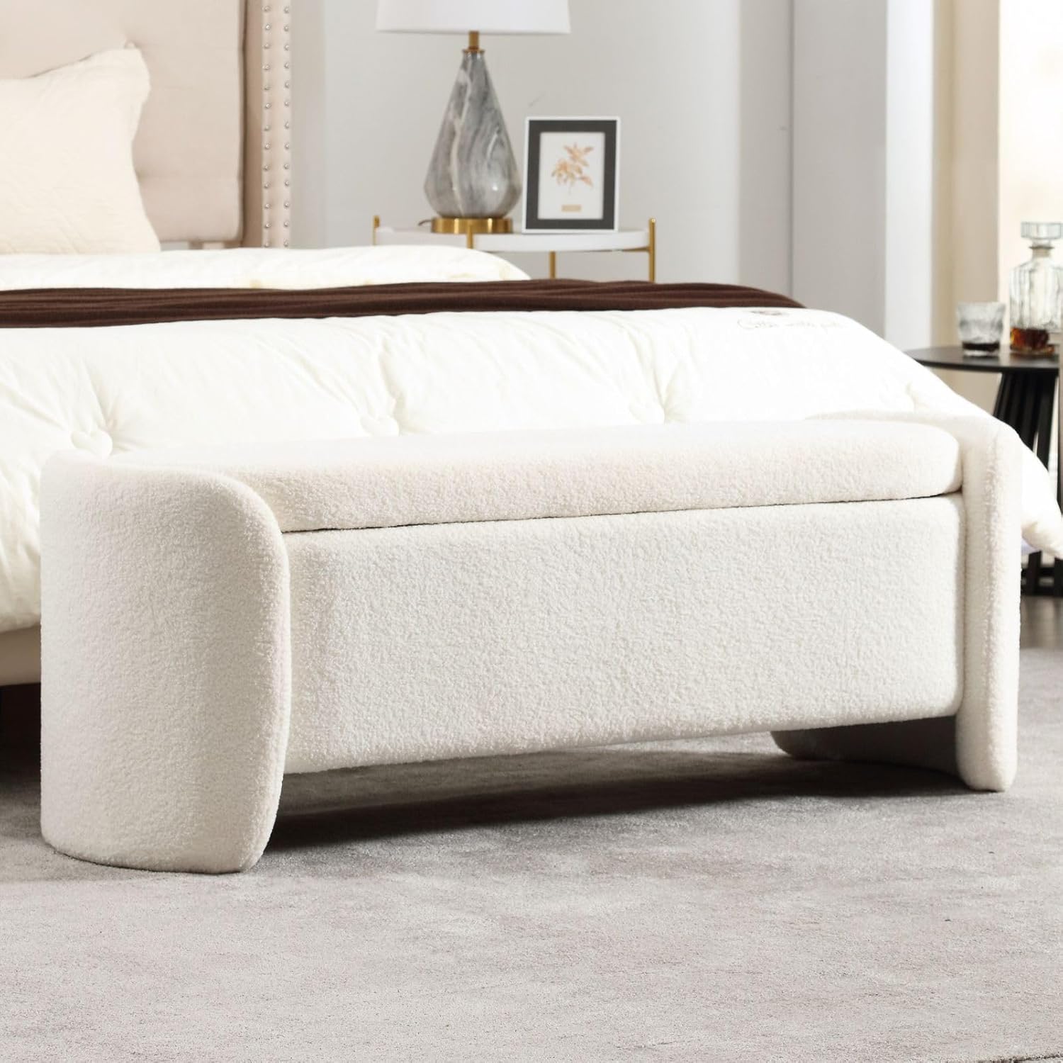 ROCTY White Boucle Storage Bench - 50" Sherpa Ottoman Bench for Bedroom, Entryway, Living Room &