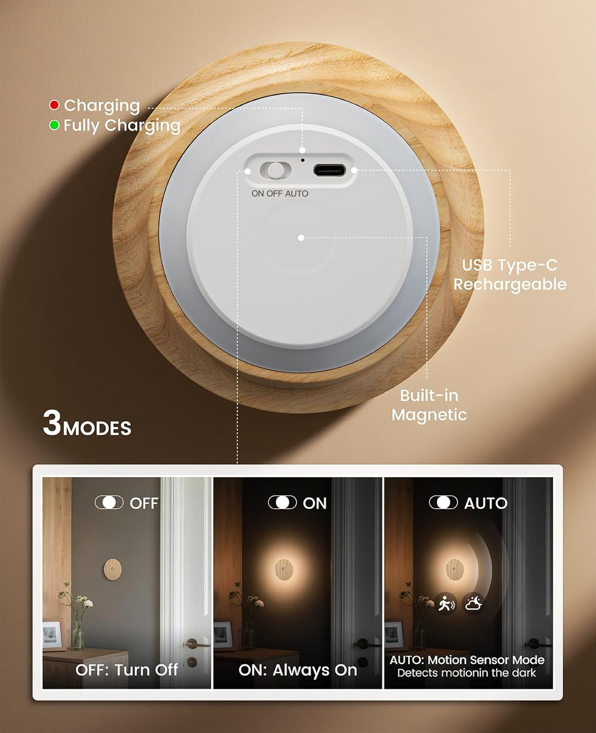 Motion Sensor Night Light Wood Rechargeable Battery-Powered Stick-On Step Lights Magnetic Closet