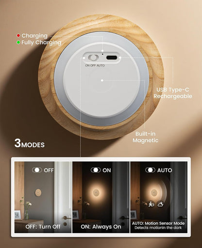 Motion Sensor Night Light Wood Rechargeable Battery-Powered Stick-On Step Lights Magnetic Closet