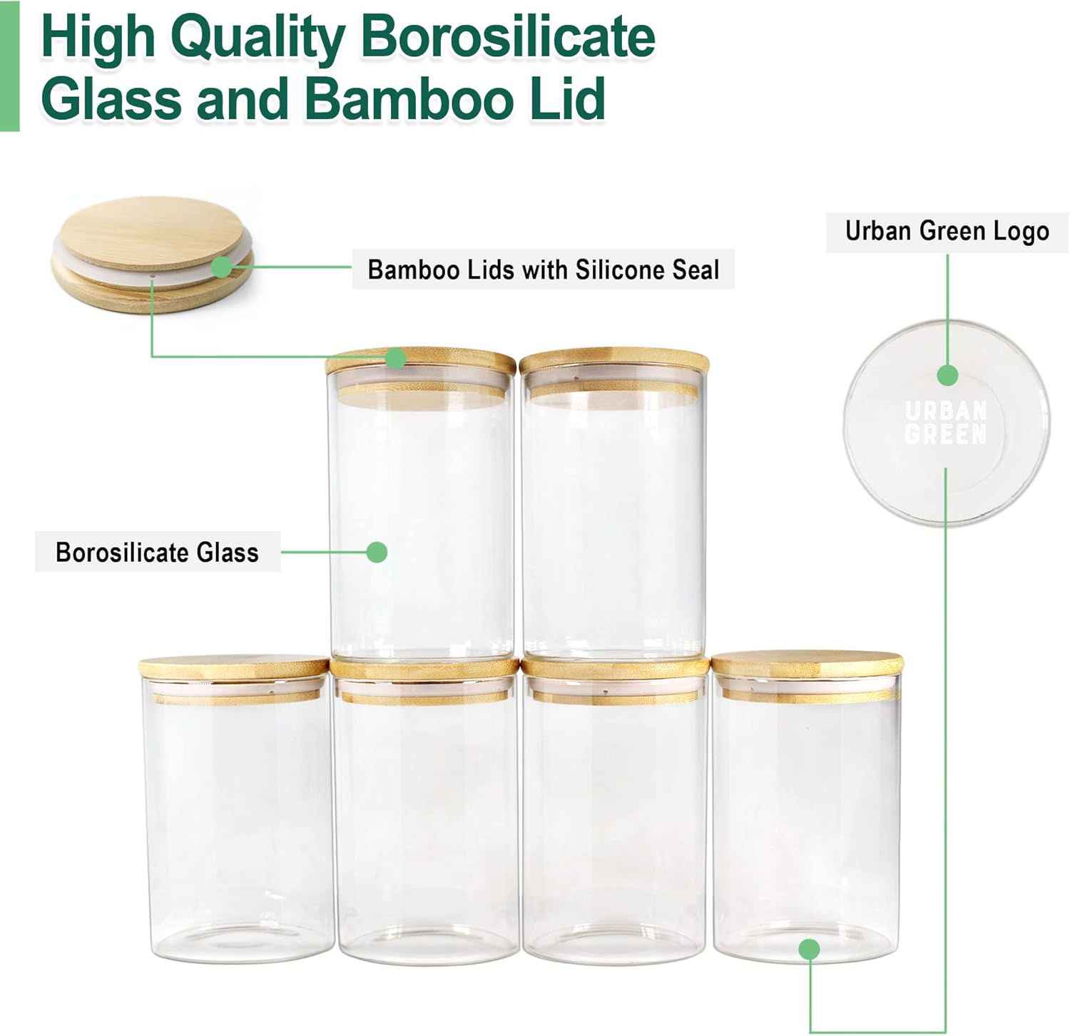 Urban Green Glass Storage Container Bamboo Lids, Glass Airtight Canisters sets, Food Jars, Pantry