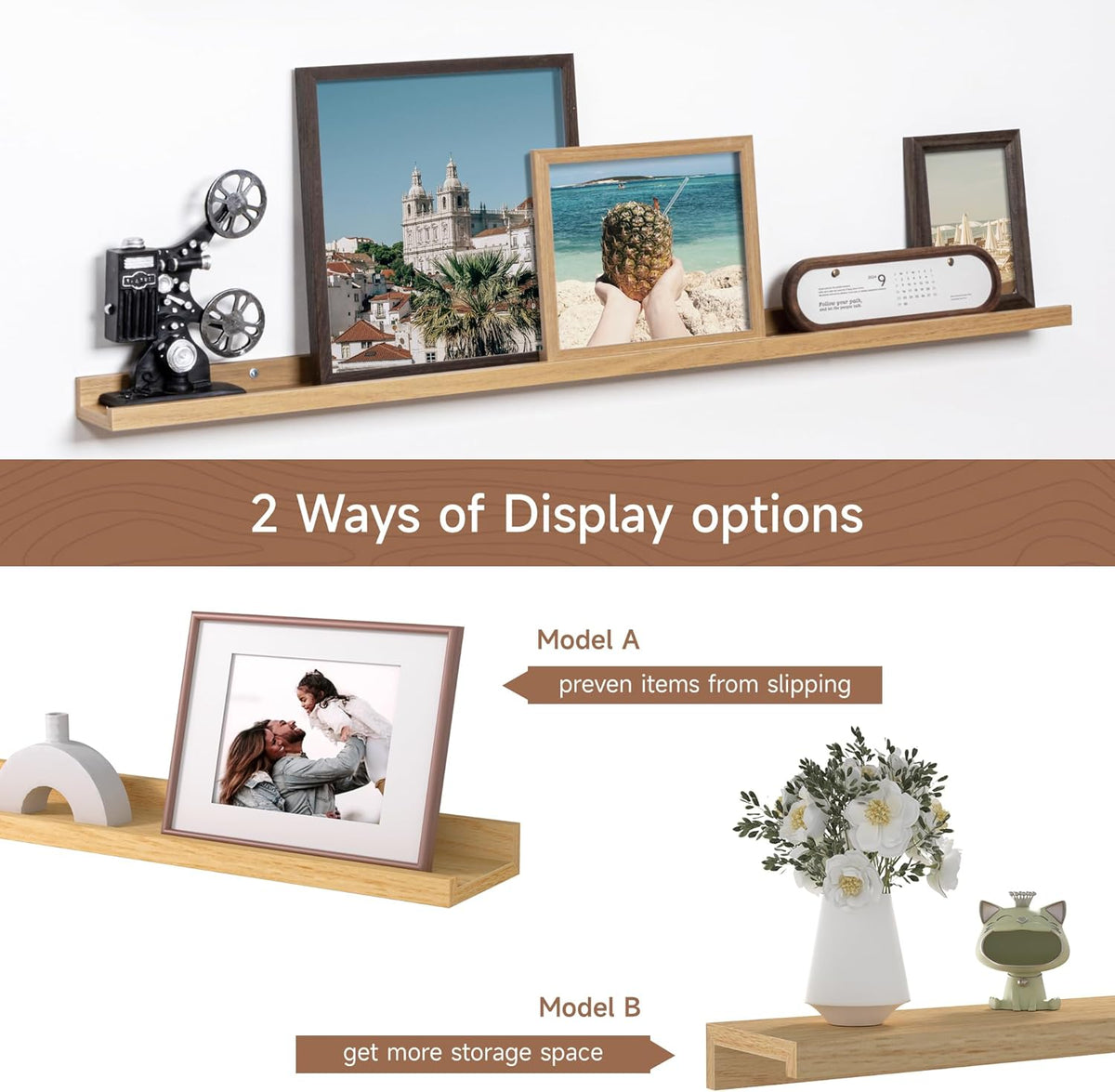 Fun Memories Picture Ledge Shelf, 48 Inch Floating Shelves Set of 2, Large Nursery Book Shelves for
