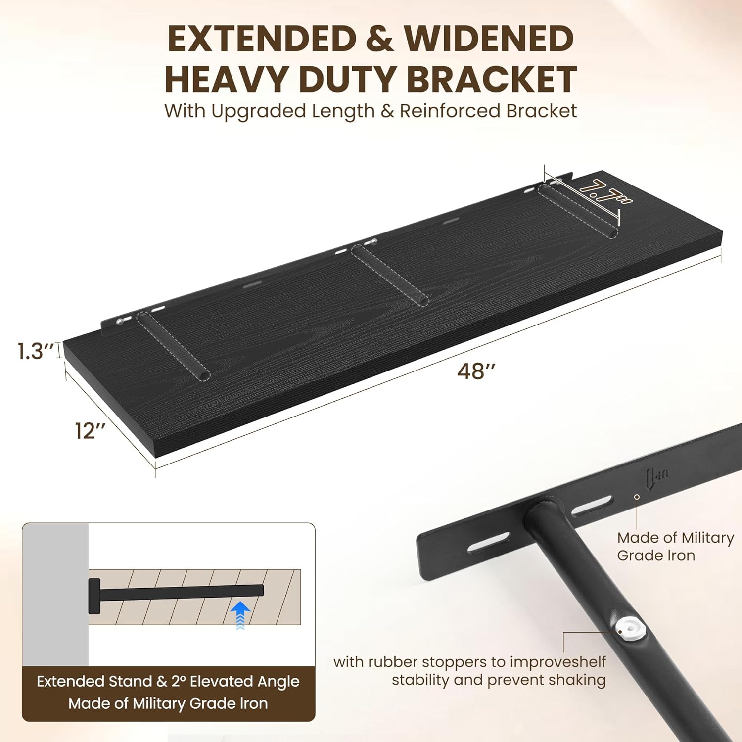 48" Floating Shelves for Wall, 12" Deep Slim Black Floating Shelves, Wall-Mounted Shelves for