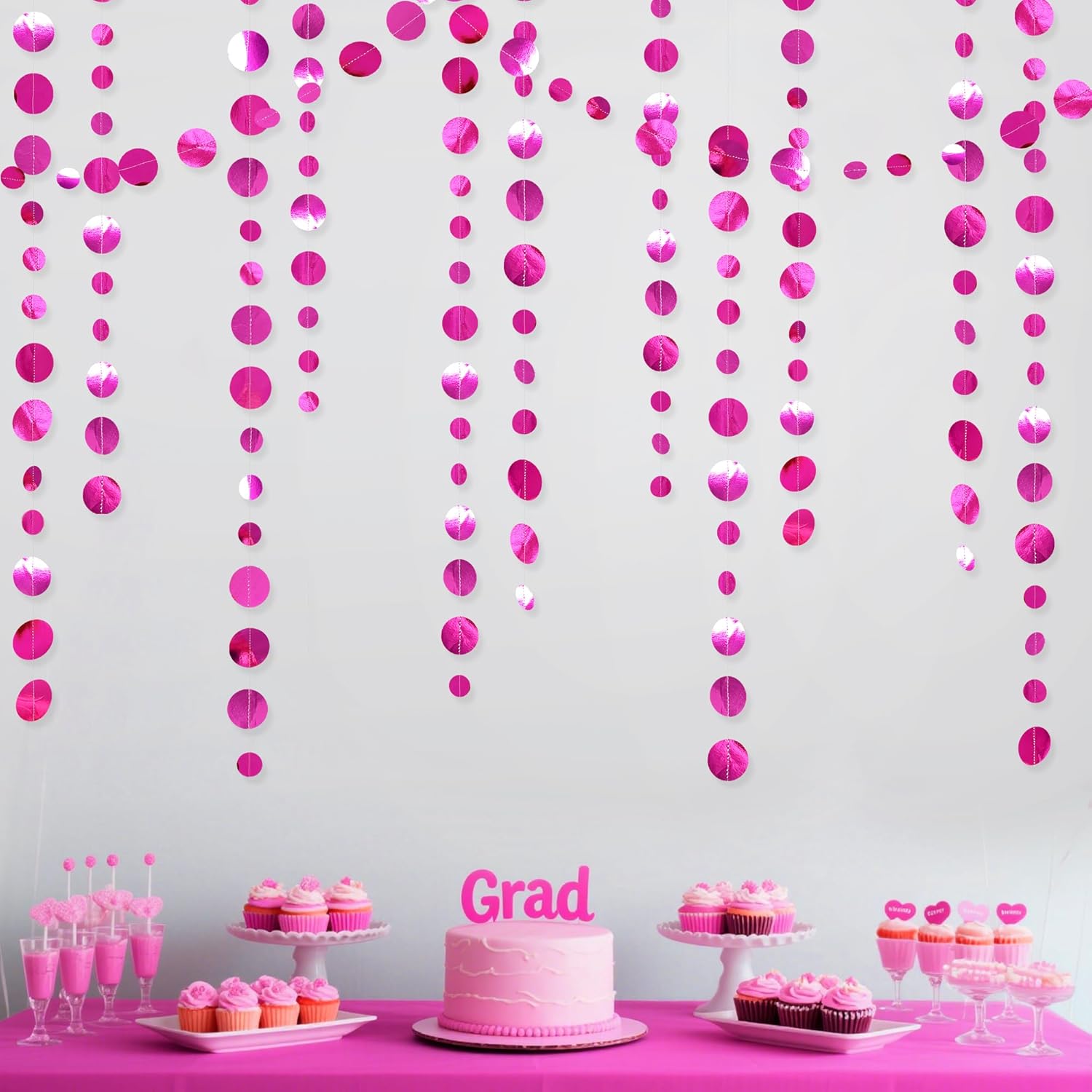 Hot Pink Party Decorations Circle Dots Garland Metallic Rose Pink Hanging Paper Polka Dots Streamer