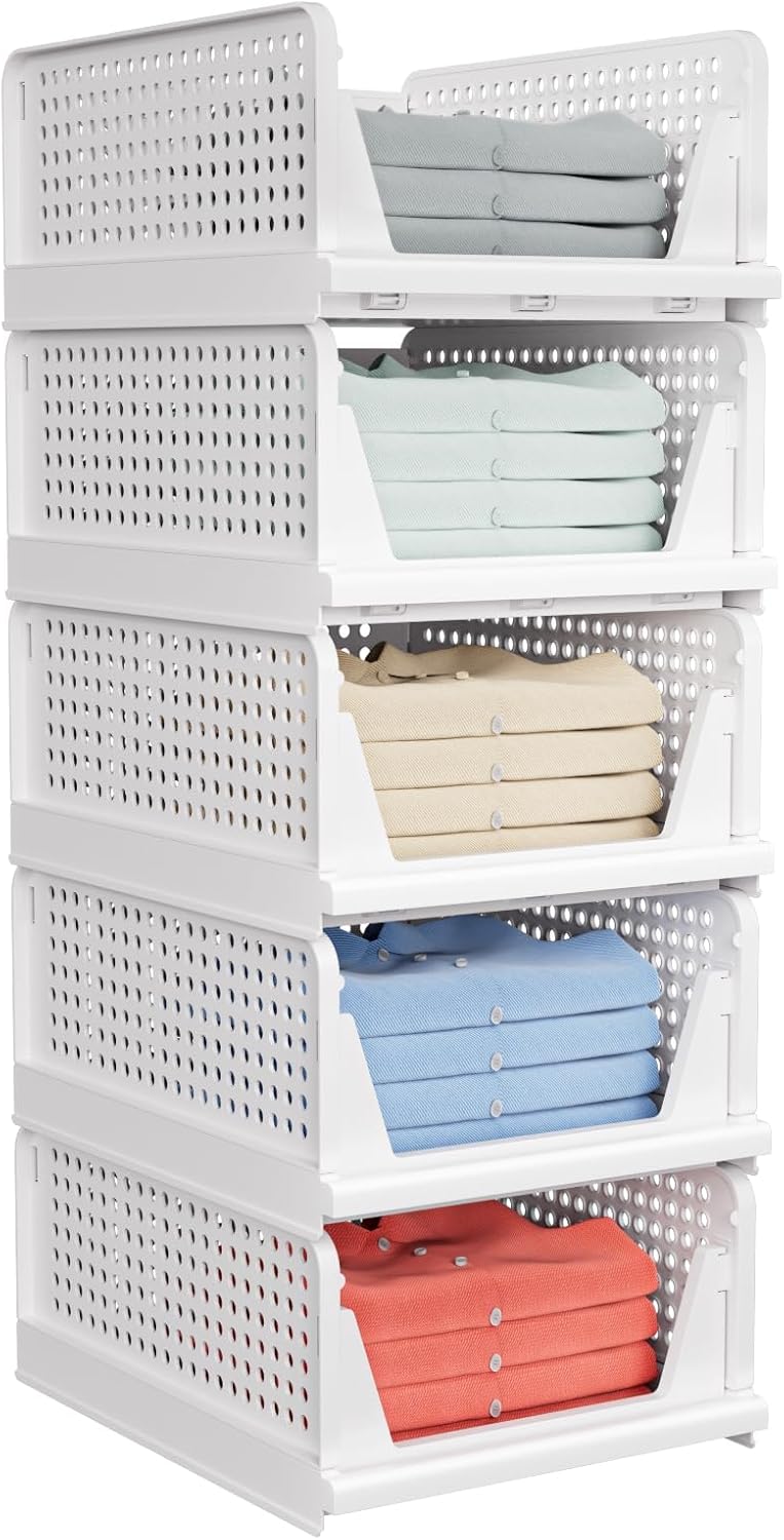 5 Pack Stackable Closet Storage Basket - Stackable Storage Bins, Multifunctional & Foldable Closet