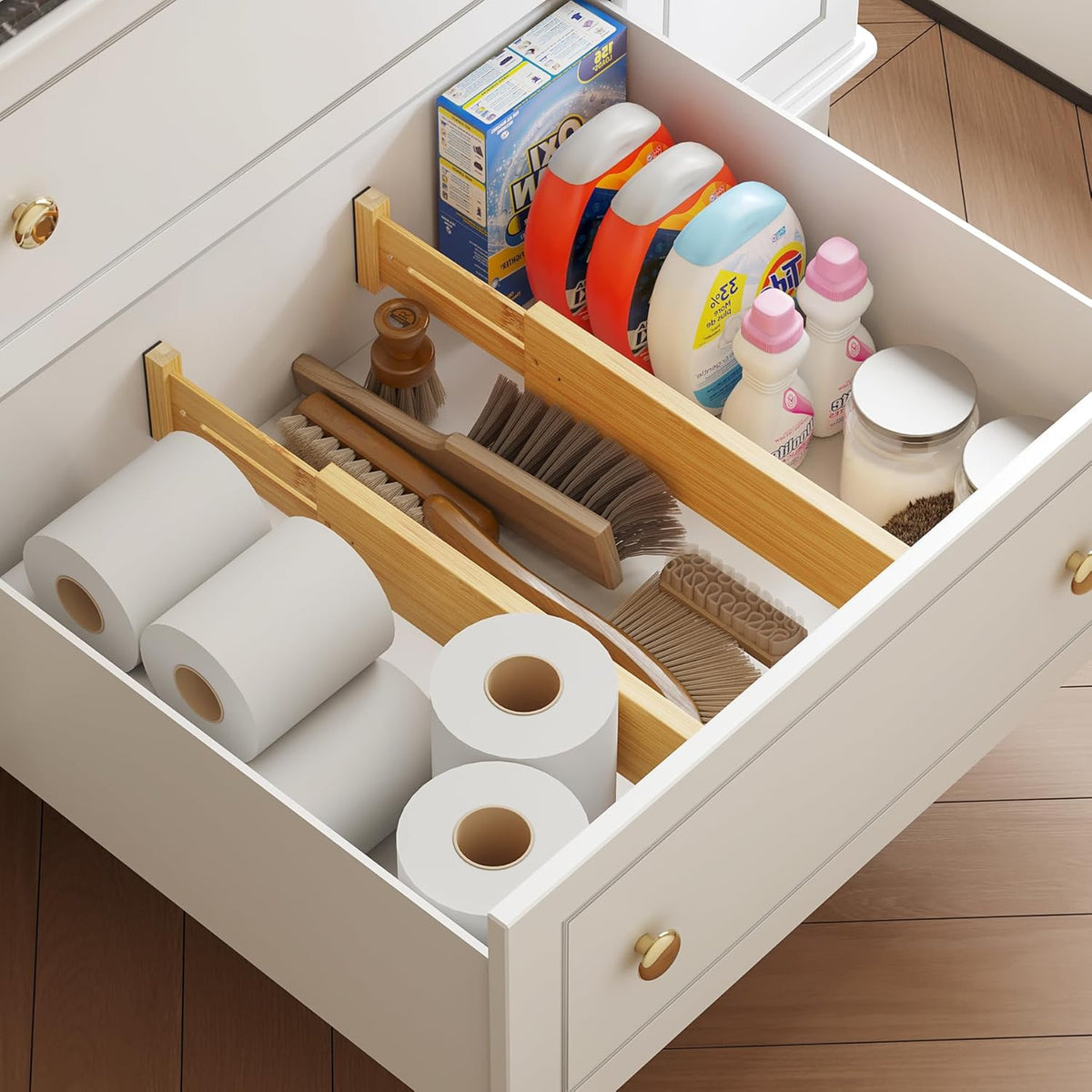 BAMEOS 4 pcs 3" High Bamboo Drawer Dividers Adjustable Drawer Organizer Expandable Drawer