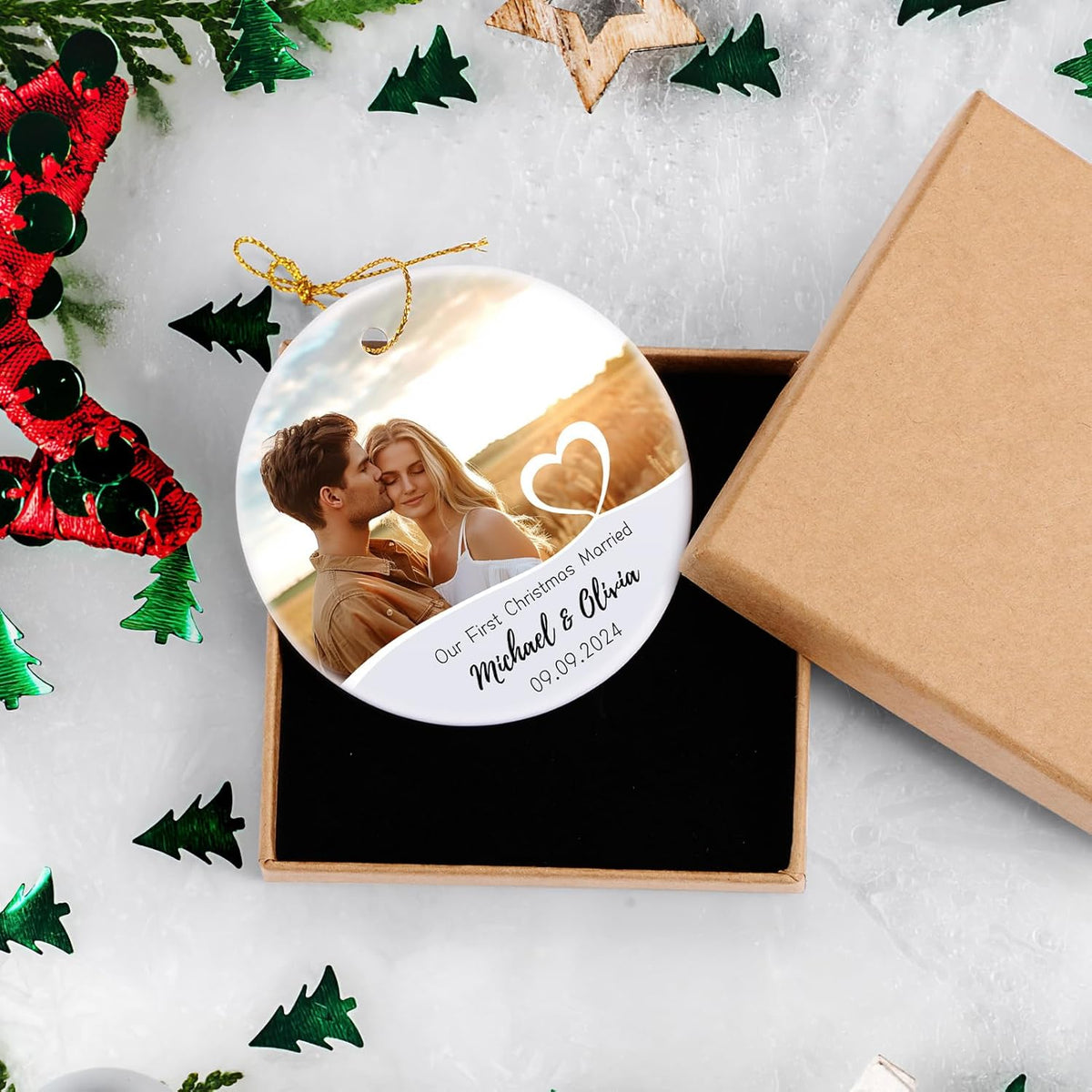 Our First Christmas Married Ornament, Personalized Photo Christmas Ornament 2025 for Newlyweds