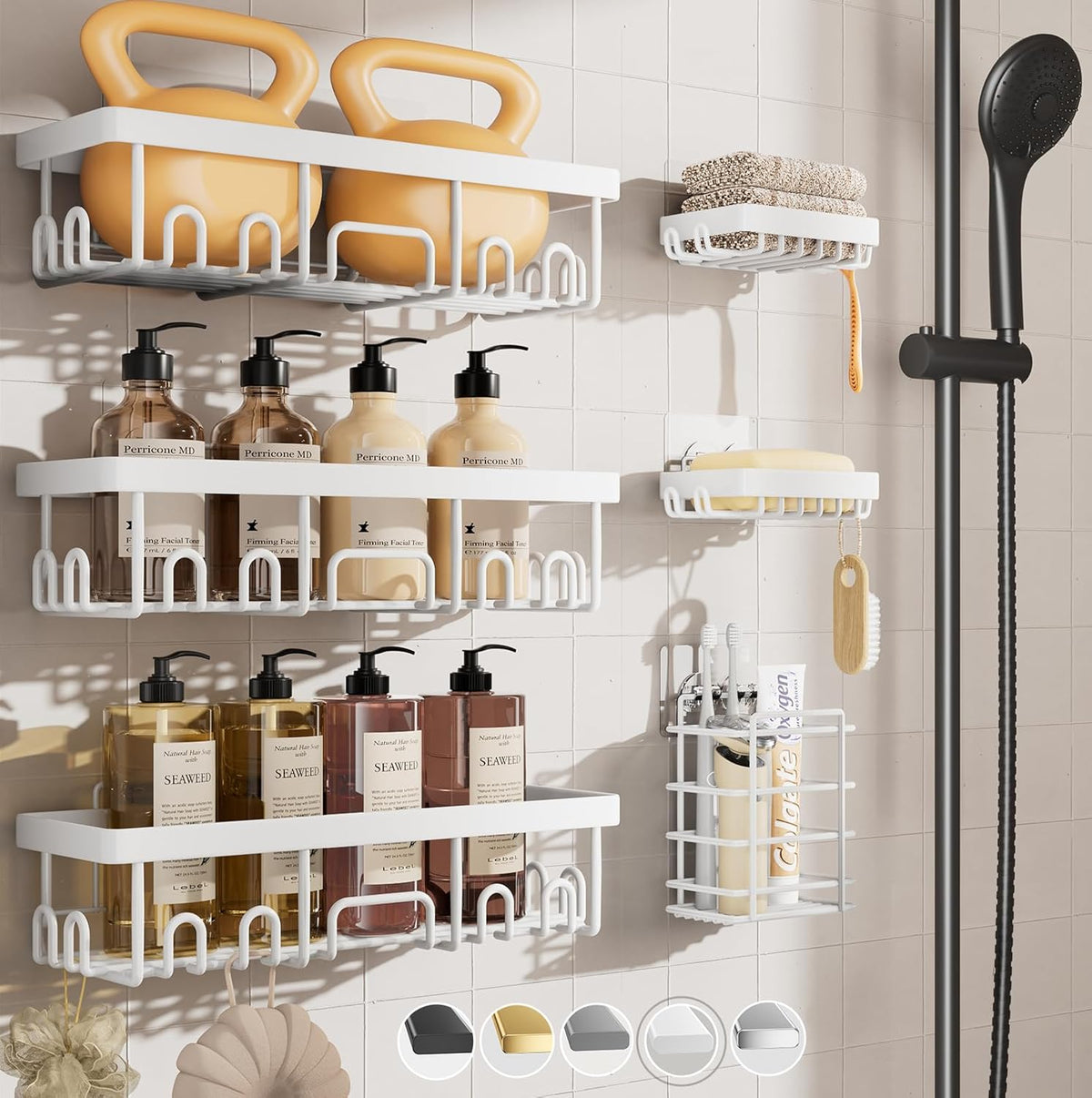 Veken 6-Pack Rustproof Waterproof Shower Caddy, Adhesive Shelves Rack with Soap Holder, Large
