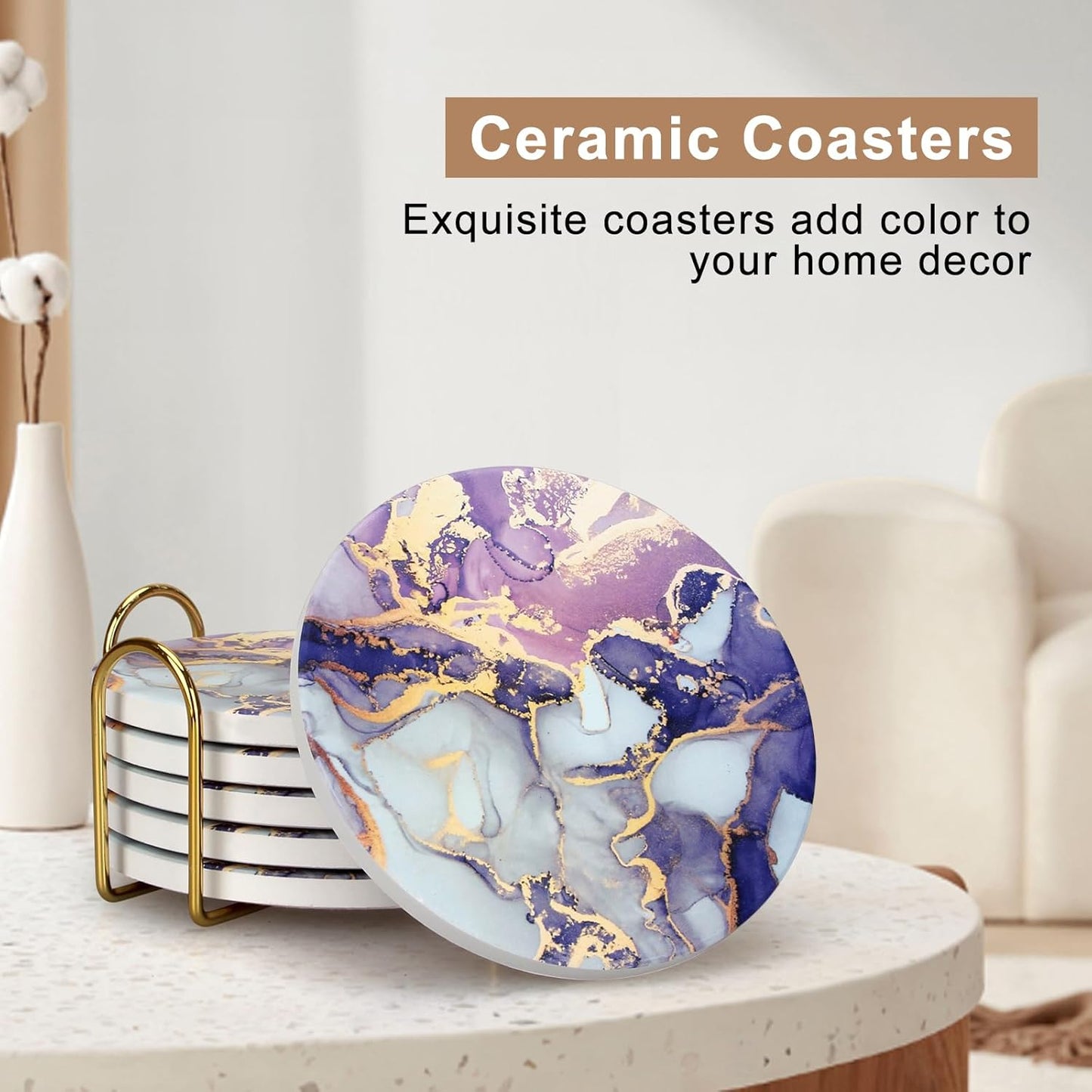 Purple Agate Coasters with Holder Drink Coaster Set of 6 Modern Marble Coasters Unique Coaster for