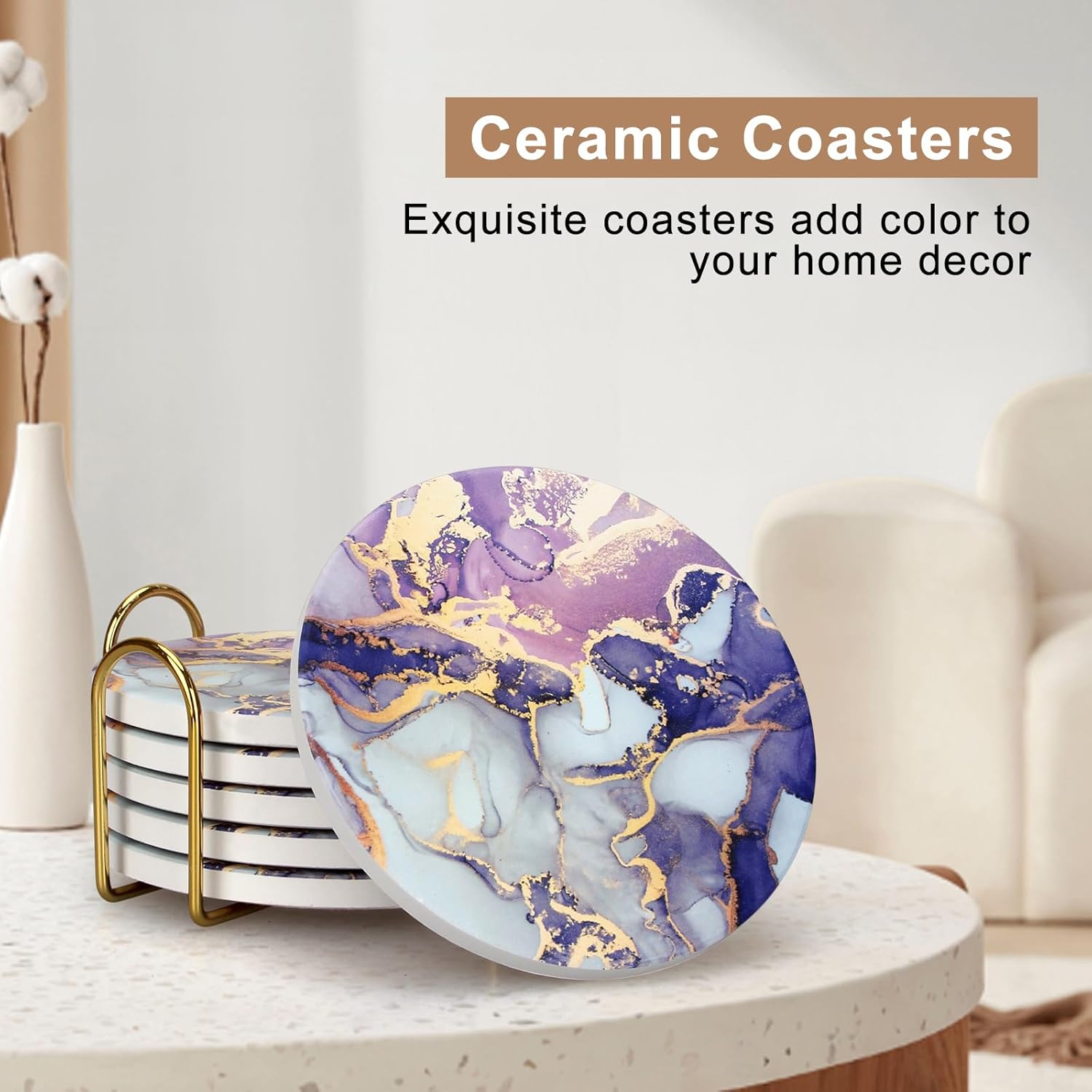 Purple Agate Coasters with Holder Drink Coaster Set of 6 Modern Marble Coasters Unique Coaster for