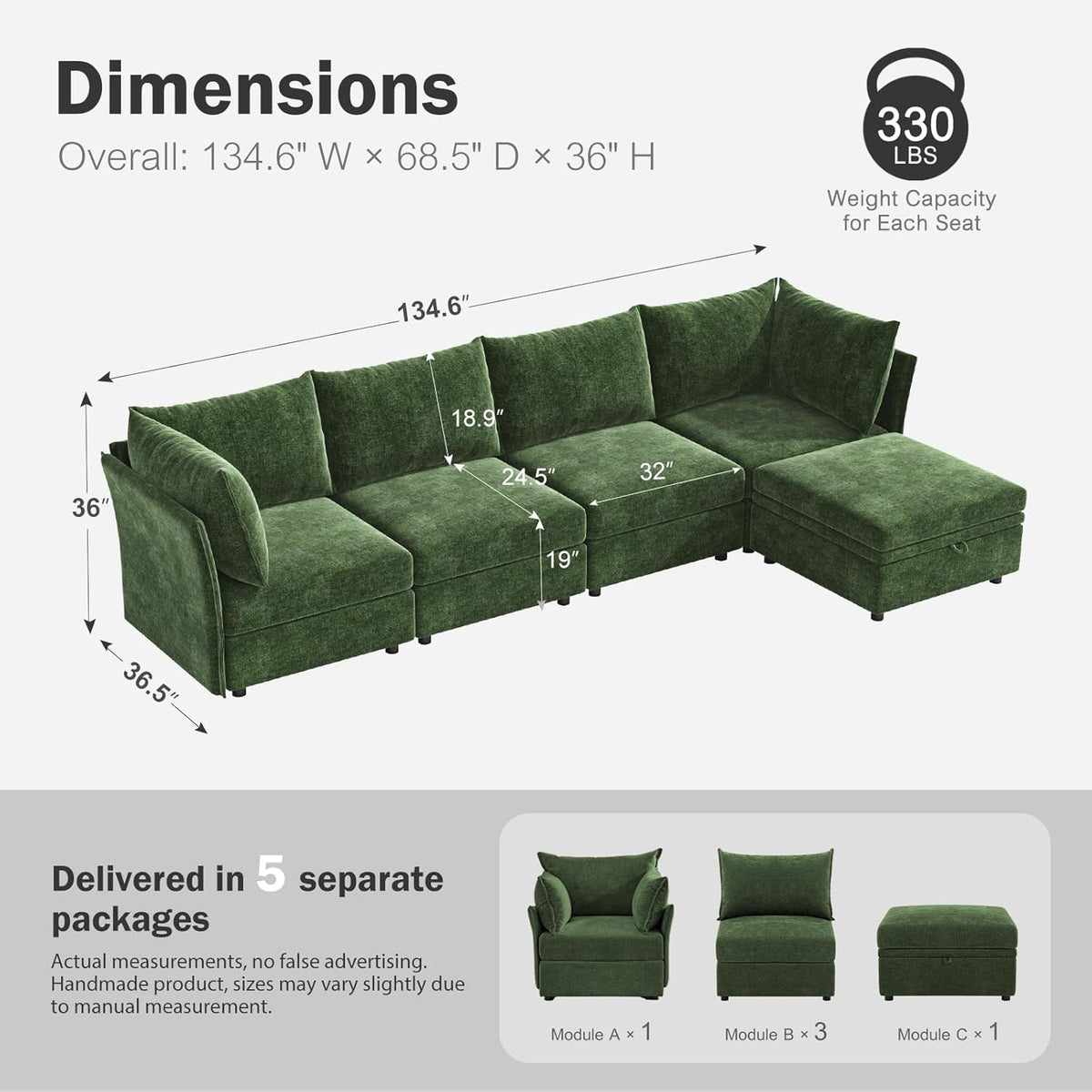 134.6" Luxury Modular Sectional Convertible Sofa with Storage Ottoman, L-Shape 5-Seat Oversized