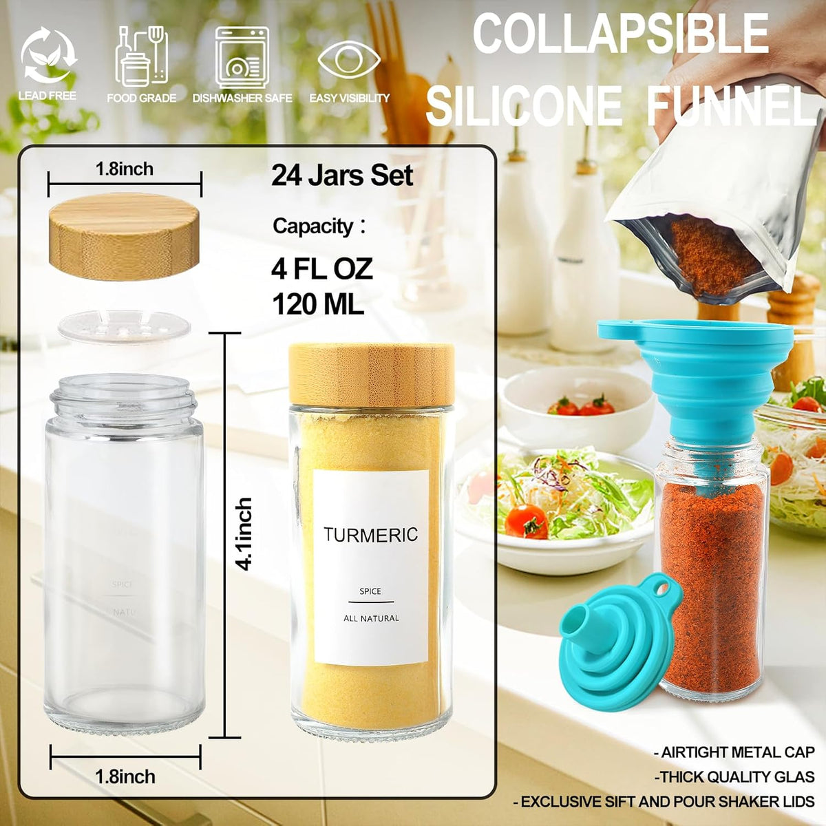 AISIPRIN Glass Spice Jars with 398 Labels-4oz 24 Pcs,Round Seasoning Jars with Bamboo Airtight