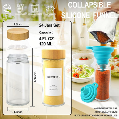AISIPRIN Glass Spice Jars with 398 Labels-4oz 24 Pcs,Round Seasoning Jars with Bamboo Airtight