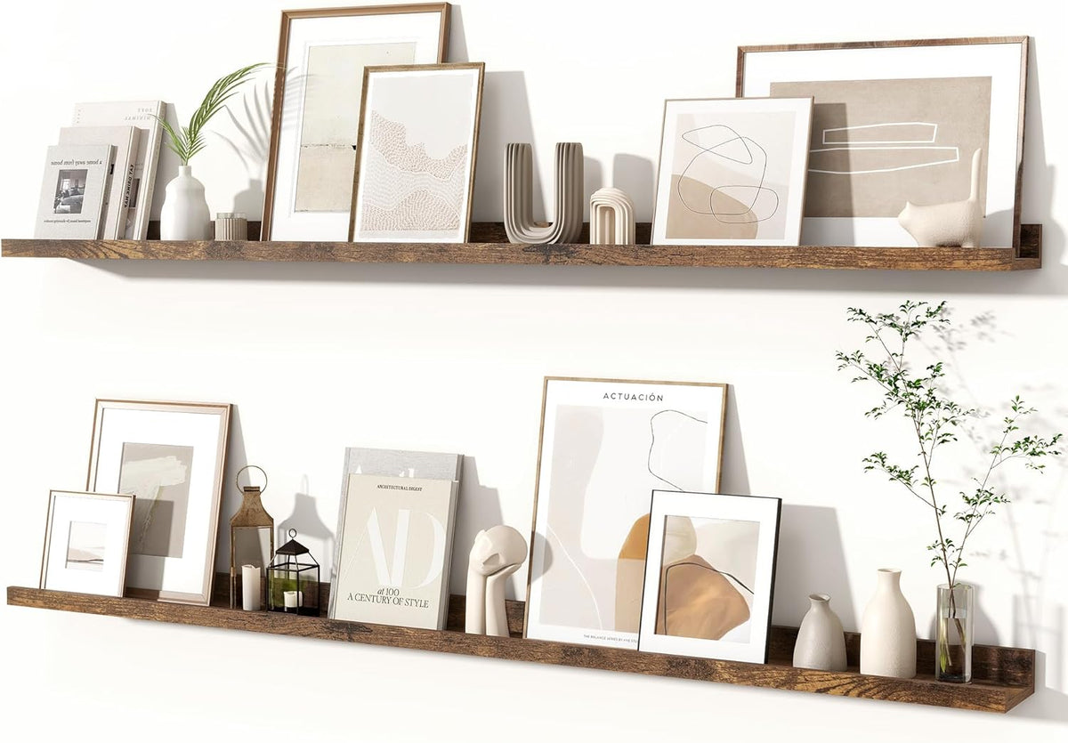 Fun Memories Picture Ledge Shelves Set of 2, 55 Inch Rustic Wall Mounted Floating Shelves with Lip
