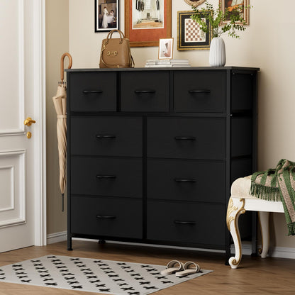 Sweetcrispy 9-Drawer Fabric Dresser Storage Tower with Wood Top, Black