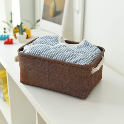 TheWarmHome Small Fabric Canvas Storage Bin with Cotton Rope Handles - Foldable Empty Basket for