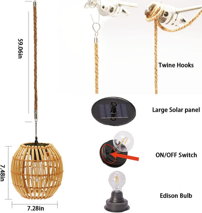 Livinlarge Hanging Solar Lantern Outdoor Waterproof, Large Solar Rattan Lantern Outdoor with Twine