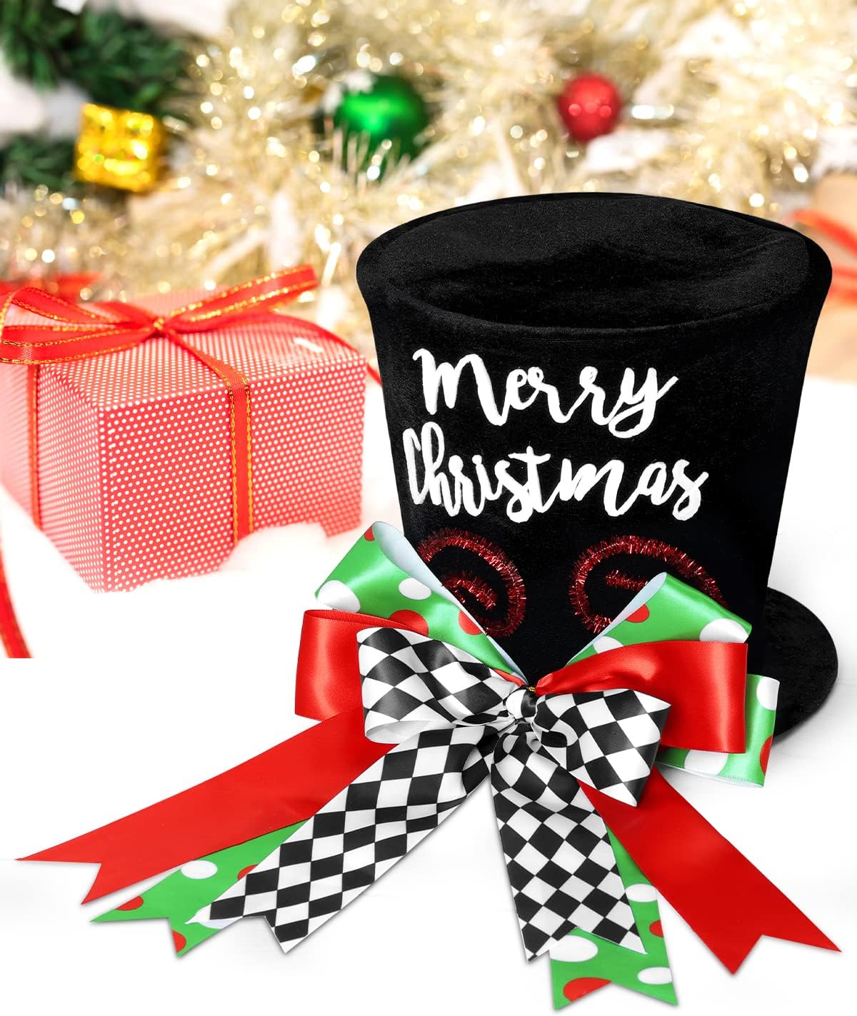 Merry Christmas Tree Topper Whimsical Top Hat with Check Bows Xmas Tree Ornament Winter Holidays