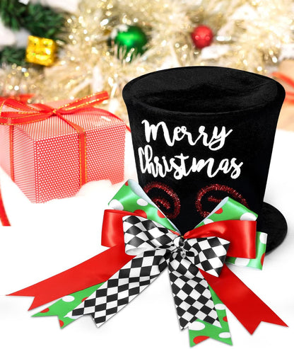 Merry Christmas Tree Topper Whimsical Top Hat with Check Bows Xmas Tree Ornament Winter Holidays