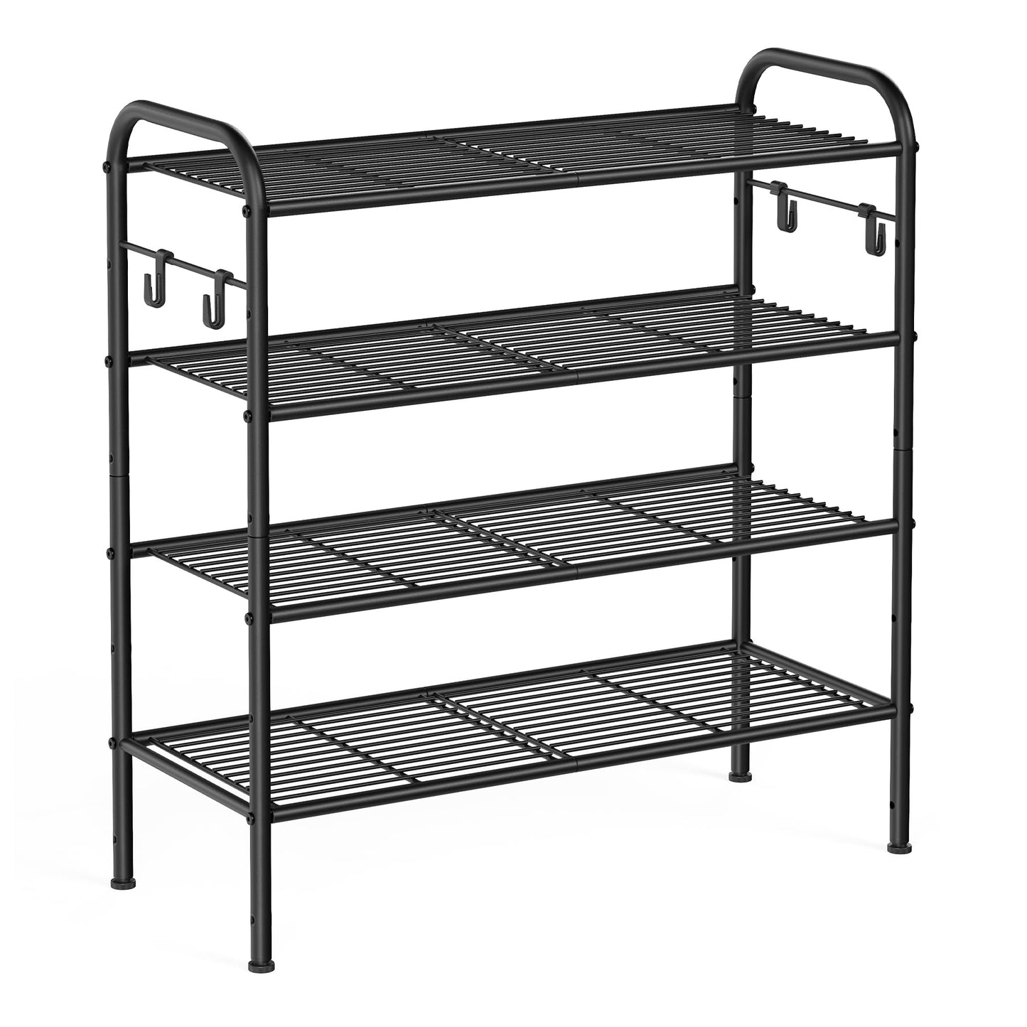 SONGMICS Shoe Rack, 4-Tier Shoe Organizer, Metal Shoe Shelf Storage with 4 Side Hooks, Holds 15