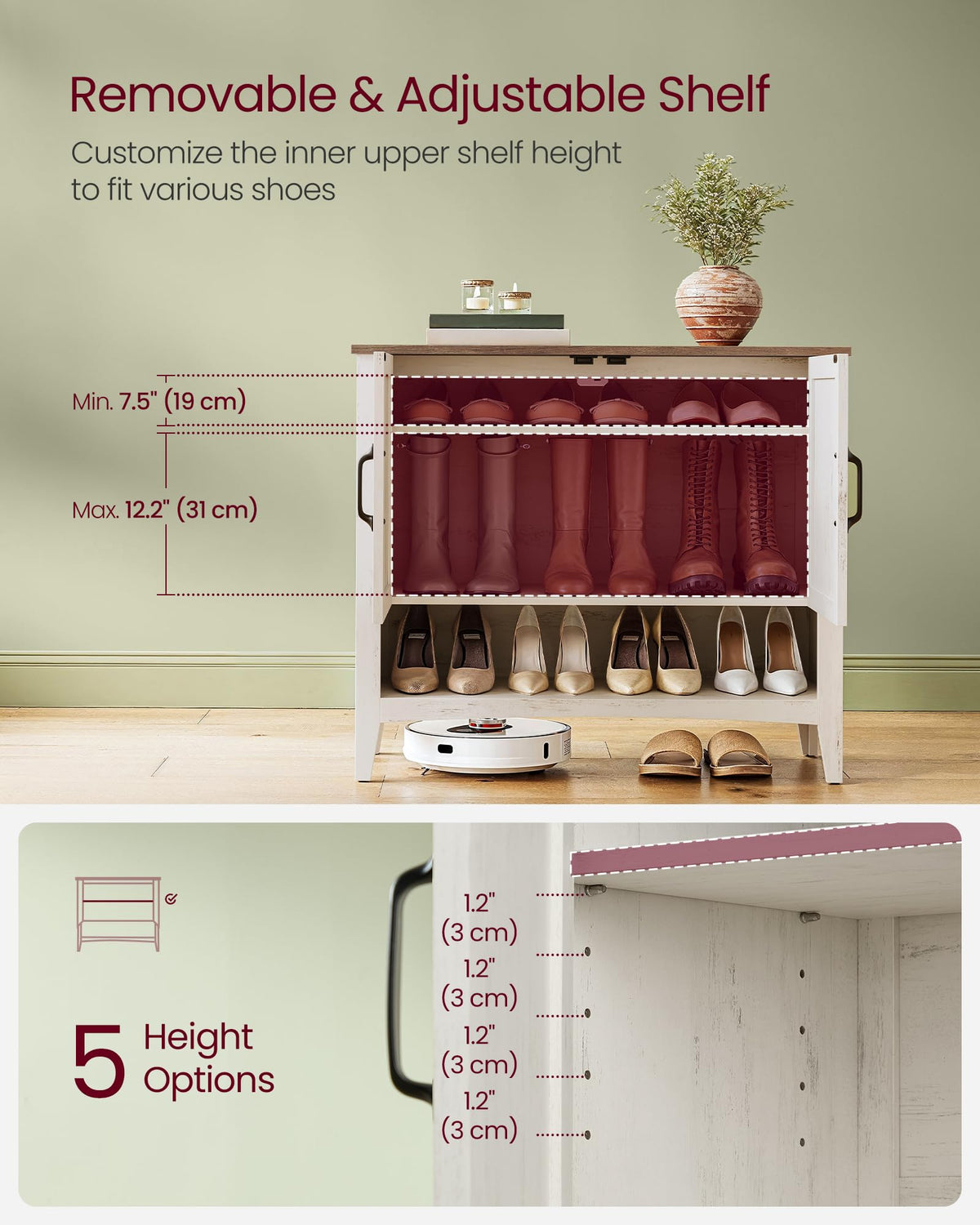 VASAGLE LIRY Collection - Shoe Cabinet, 3-Tier Shoe Storage Organiser, Traditional American Style