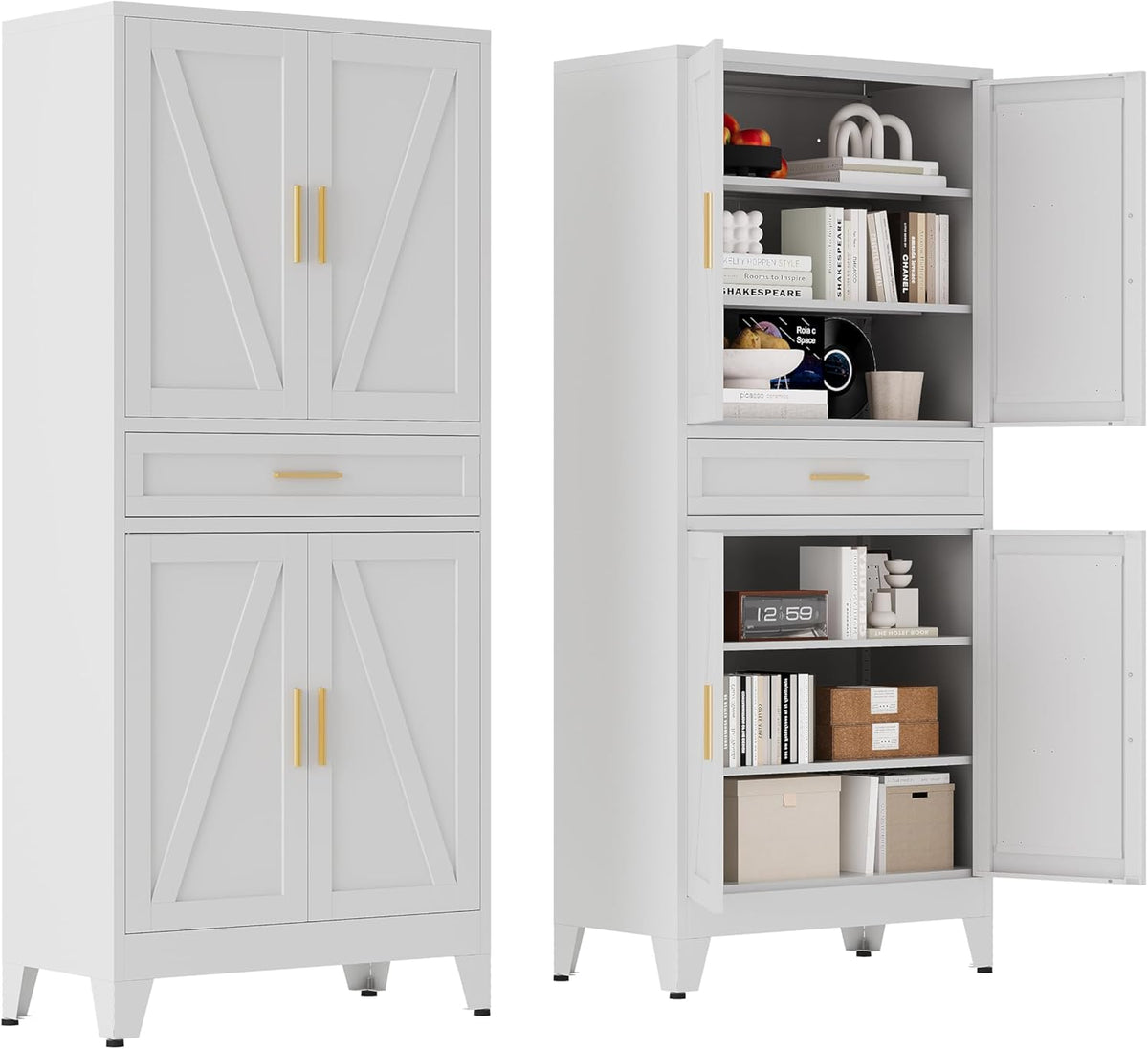 71 "Farmhouse Metal Filing Cabinet with a Drawer and 4 Adjustable Shelves, with 4 Large barn Door