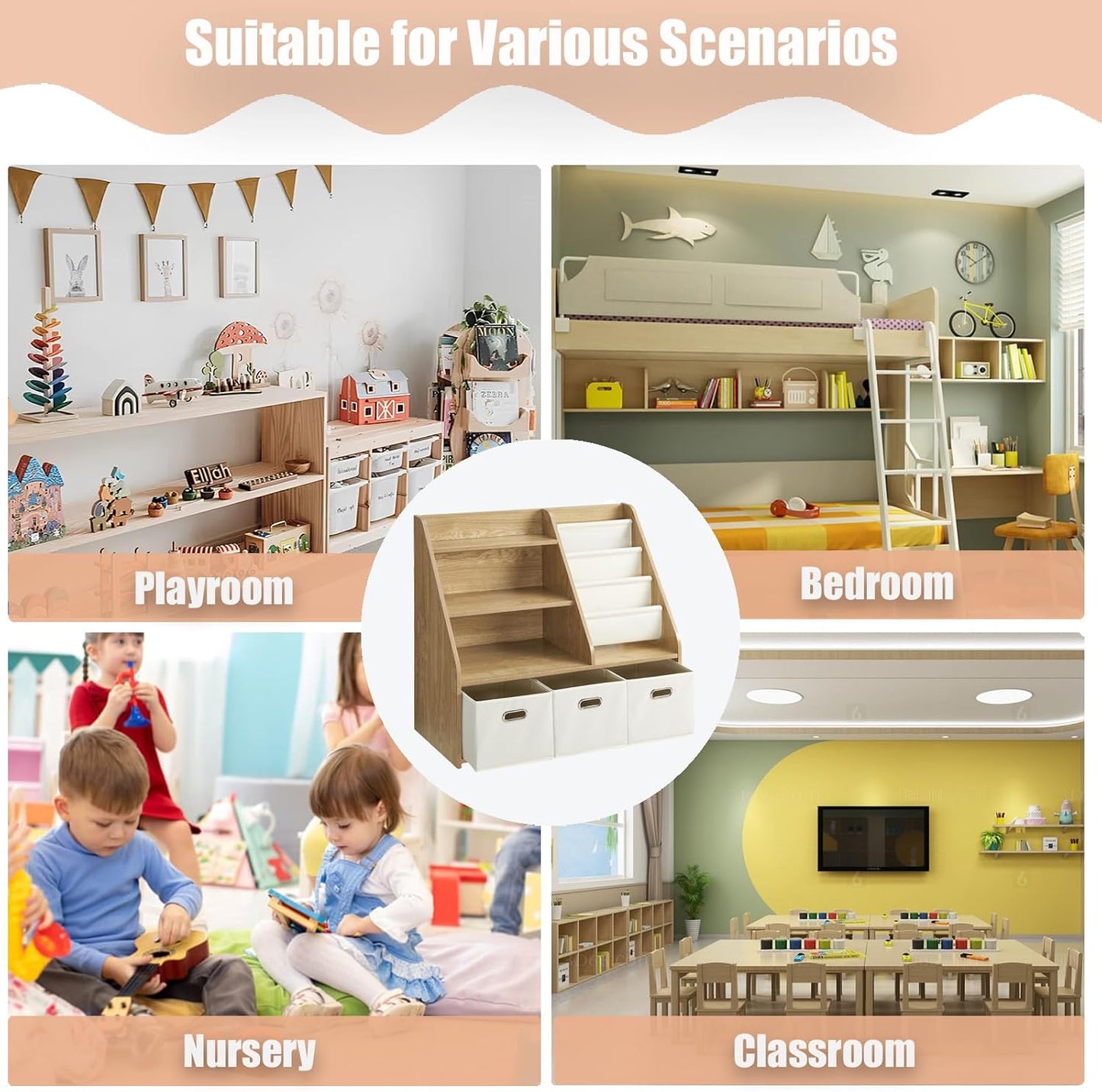 Kids Bookshelf and Toy Storage Organizer, Montessori Nursery Book Shelves with 3 Tier Sling Rack &