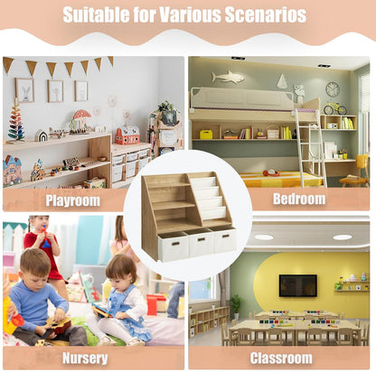 Kids Bookshelf and Toy Storage Organizer, Montessori Nursery Book Shelves with 3 Tier Sling Rack &