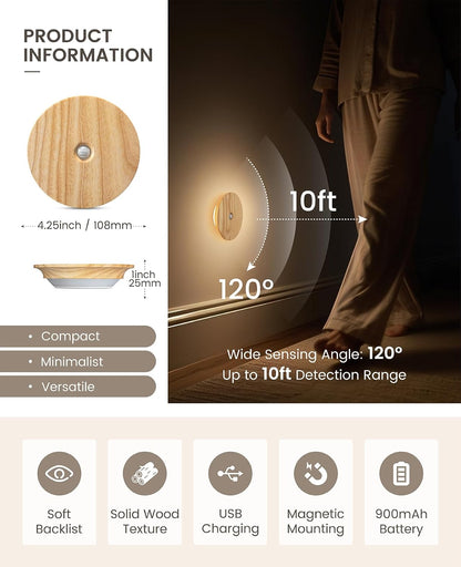Motion Sensor Night Light Wood Rechargeable Battery-Powered Stick-On Step Lights Magnetic Closet