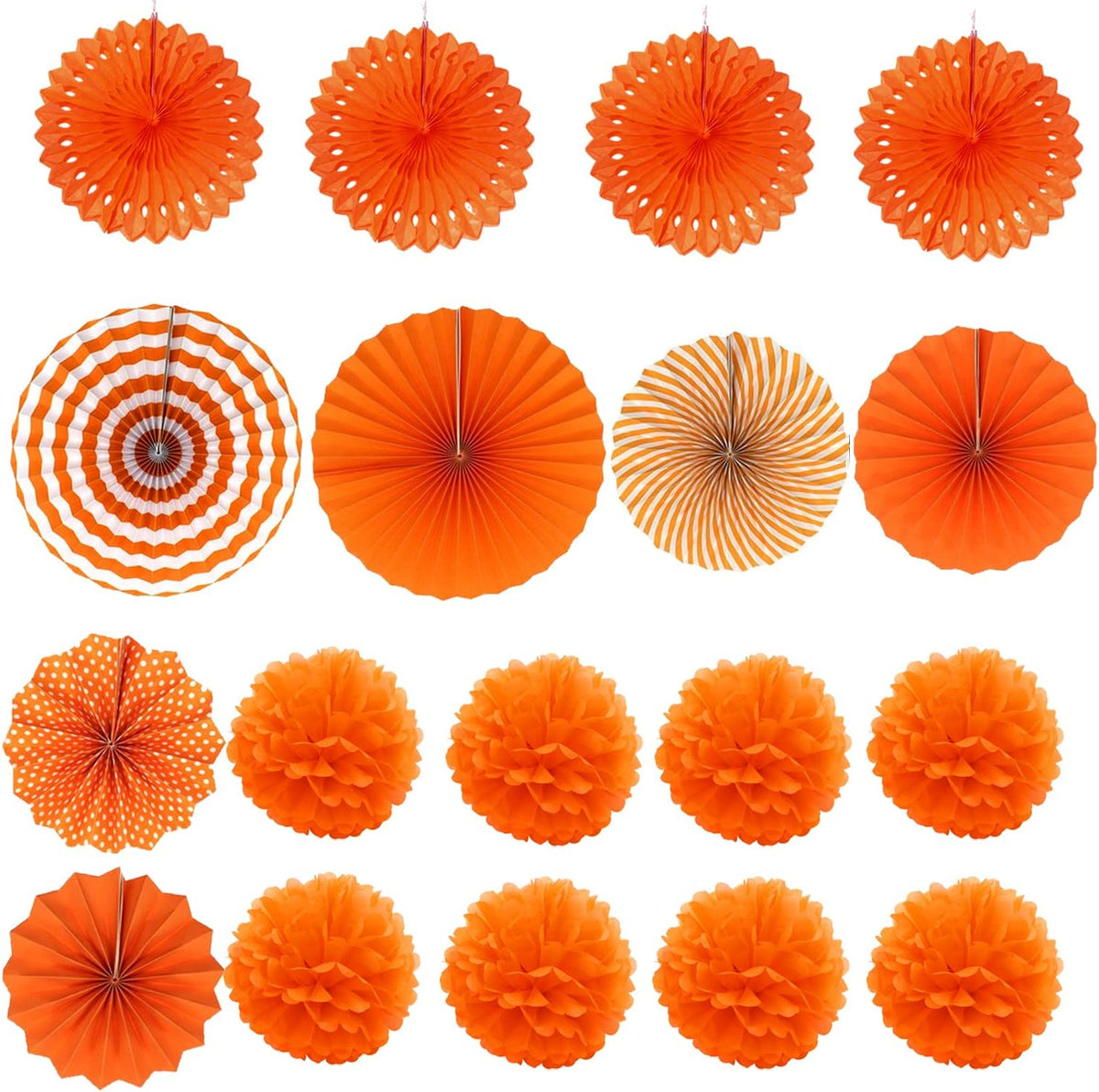ZERODECO Party Decoration, 21 Pcs Orange Hanging Paper Fans Pom Poms Flowers, Garlands String Polka