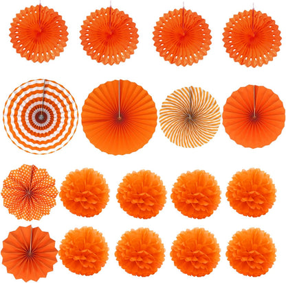 ZERODECO Party Decoration, 21 Pcs Orange Hanging Paper Fans Pom Poms Flowers, Garlands String Polka