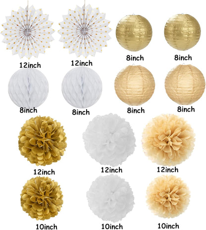 White Gold Party Decorations Streamers - 14pcs Christmas Wedding Engagement Paper Lanterns