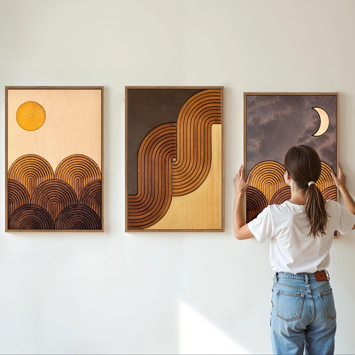 Tinonedraw Boho Mountain Framed Canvas Wall Art Set, Mid Century Modern Geometric Line Wall Decor